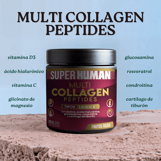 Multi Collagen Peptides™ - Colágeno Hidrolizado en Polvo Tipo I, II, III, V y X con Glucosamina, Biotina, Condroitina y Cartílago de Tiburón, para Piel, Articulaciones y Huesos, 100% Puro y Natural